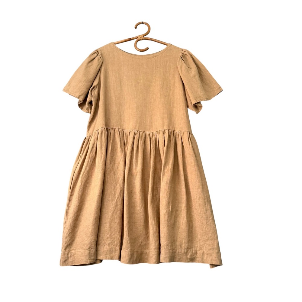 Shelter | Mini Agnes Babydoll Dress Tan Short Puff Sleeve Size XXL 100% Linen